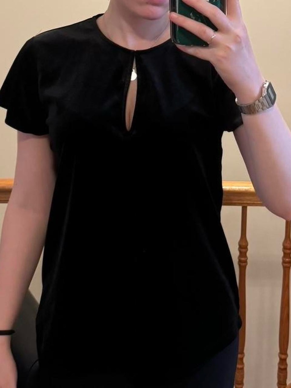 ann taylor business casual black velvet top with key hole closure